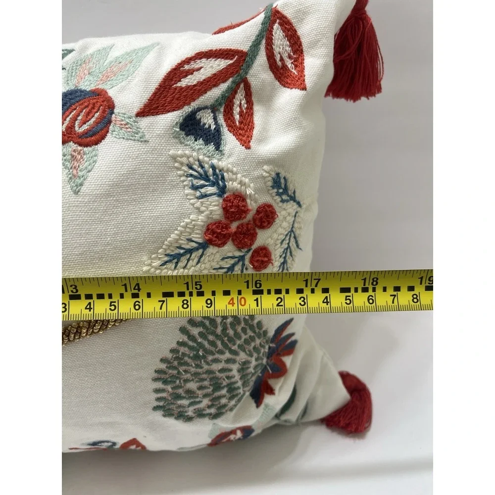 Christmas Throw Pillow Joy Beaded Embroidery White Gold Green Red Tassels 17x9.5